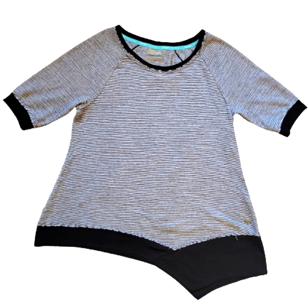 Calvin Klein Performance Asymmetrical Loose Top Black Gray Striped Short Sleeve
